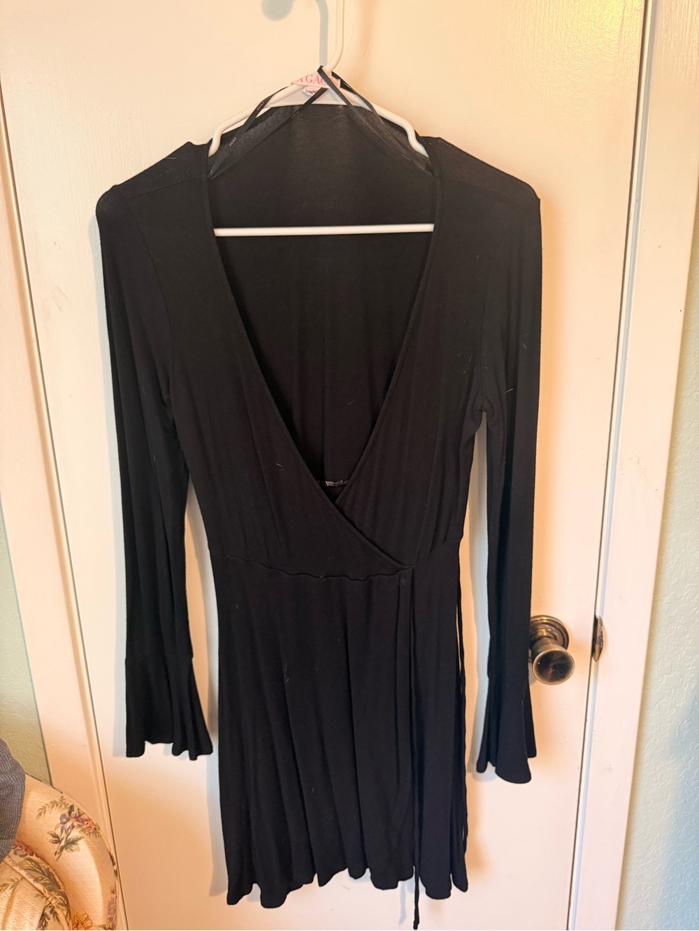 a'gaci Black Long-Sleeve Wrap-Style Dress